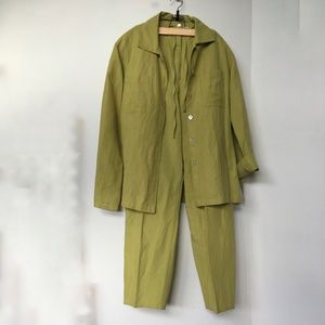 Silkland 2 Piece Outfit Pants Shirt Blouse Top Size Medium Silk Linen Moss Green